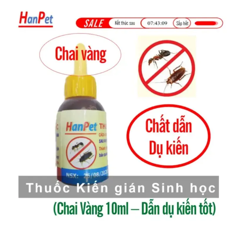 Chai thuốc diệt kiến màu vàng 10ml, hiển thị thông tin khuyến mãi và cấm sử dụng cho kiến và gián.