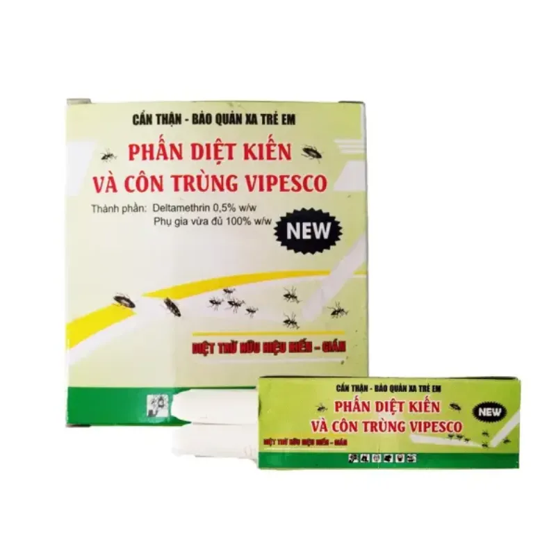 Hình ảnh gồm có hai sản phẩm diệt kiến và côn trùng VIPESCO, một là hộp lớn và một là ống nhỏ.