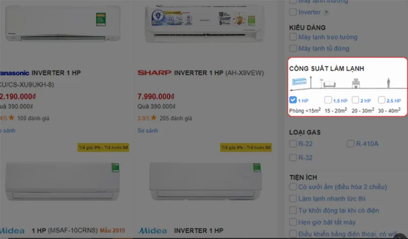 Chọn công suất máy lạnh trên website.