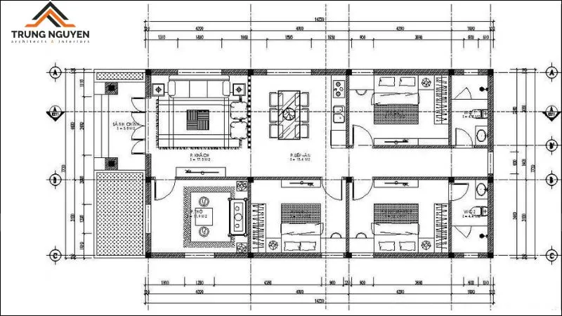 Bản vẽ nhà cấp 4 100m2 3 phòng ngủ 1 phòng thờ