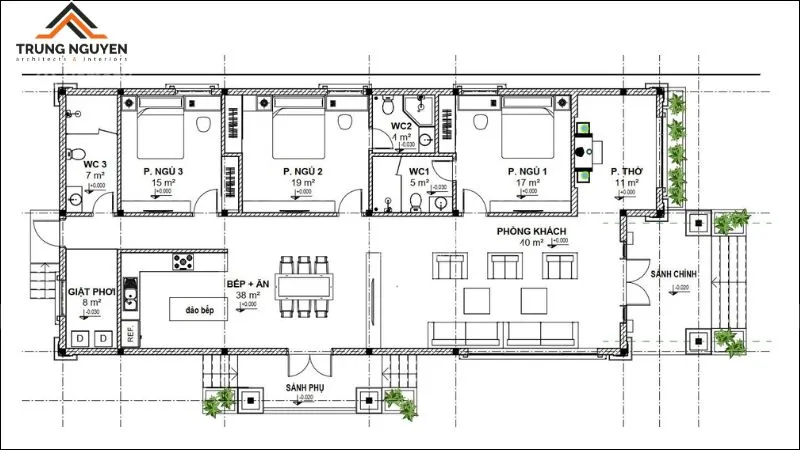 Bản vẽ nhà cấp 4 100m2 3 phòng ngủ mái Nhật