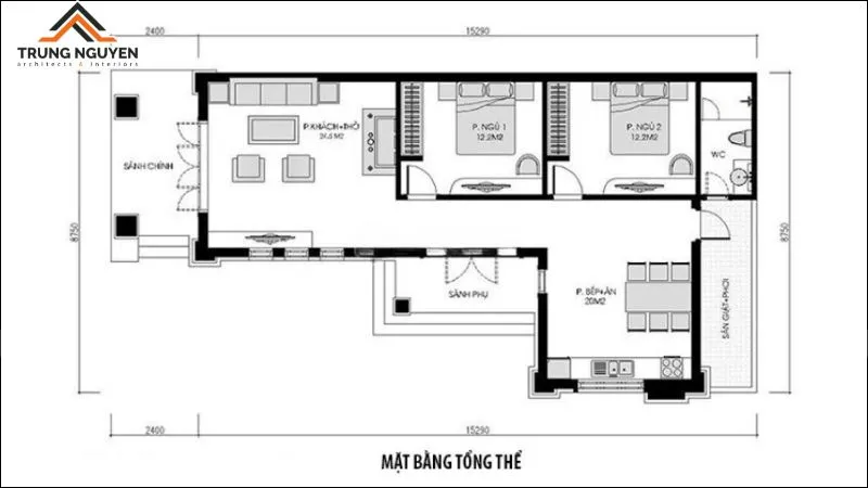 Bản vẽ nhà cấp 4 100m2 chữ L 3 phòng ngủ