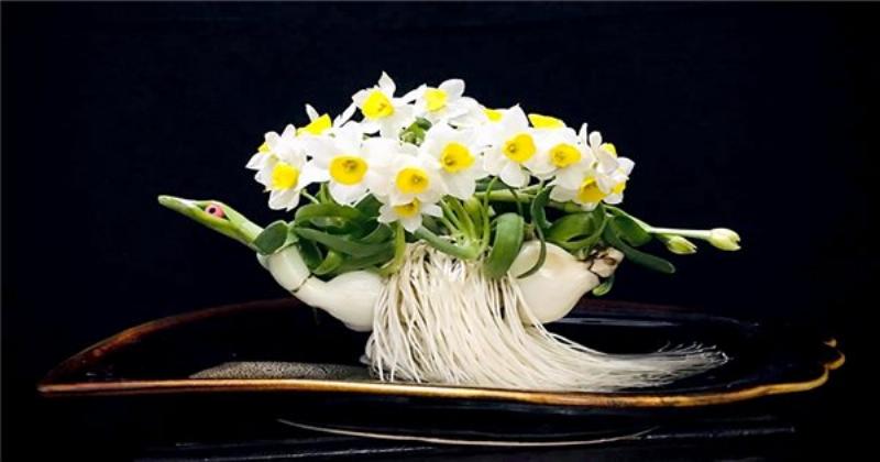 Minh họa kỹ thuật và các bước cơ bản trong cách gọt hoa thủy tiên tỉ mỉ, tập trung vào thao tác gọt